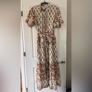 Sue Sartor- Tiered Maxi Dress with Waist Tie - Cream, peach, green & yellow